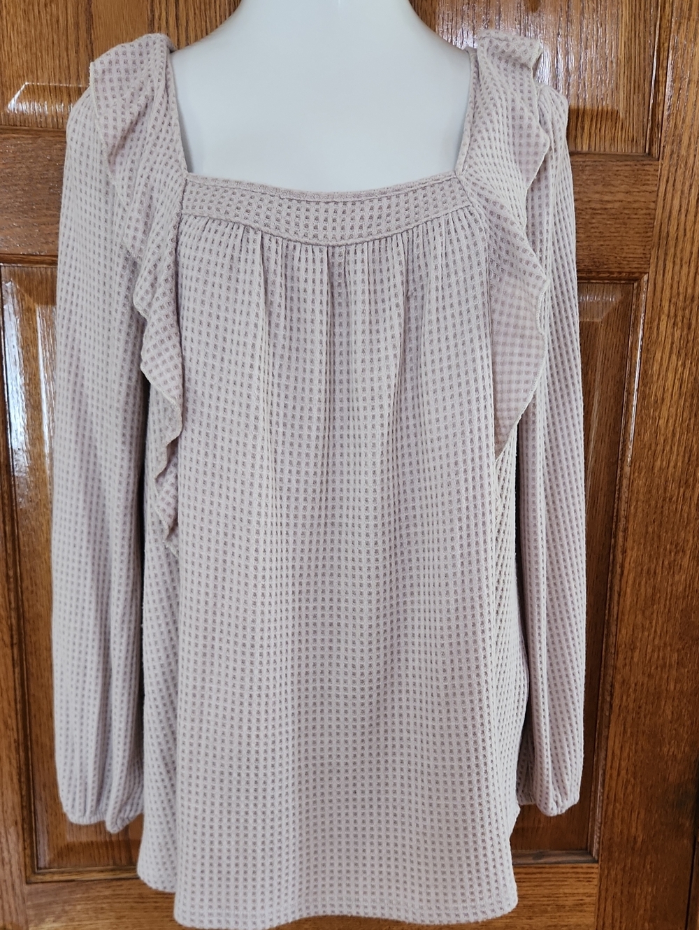 ChicSoul Ruffle-Trim Square Neck Long Sleeve Top - Blush Waffle Knit 2XL